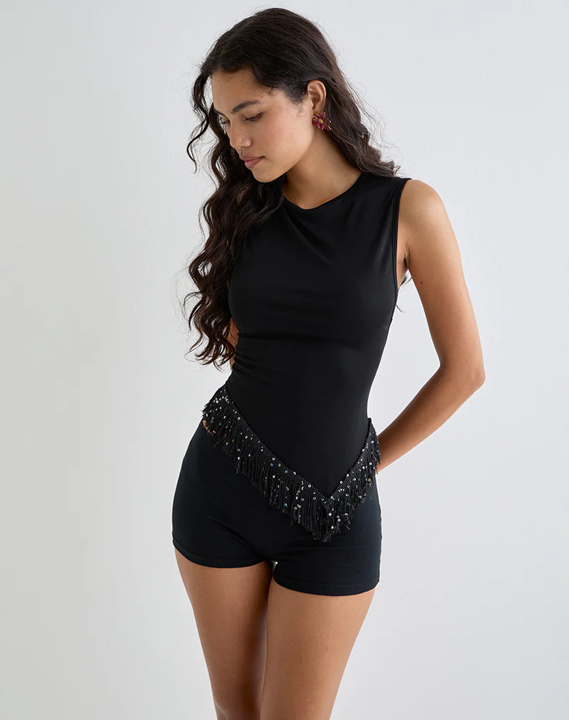 Dusya Fringe Trim Top in Cupro Black