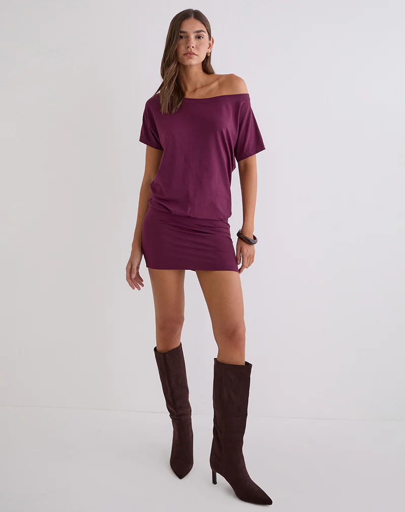 Edwina Off the Shoulder Mini Dress in Deep Purple - Image 2