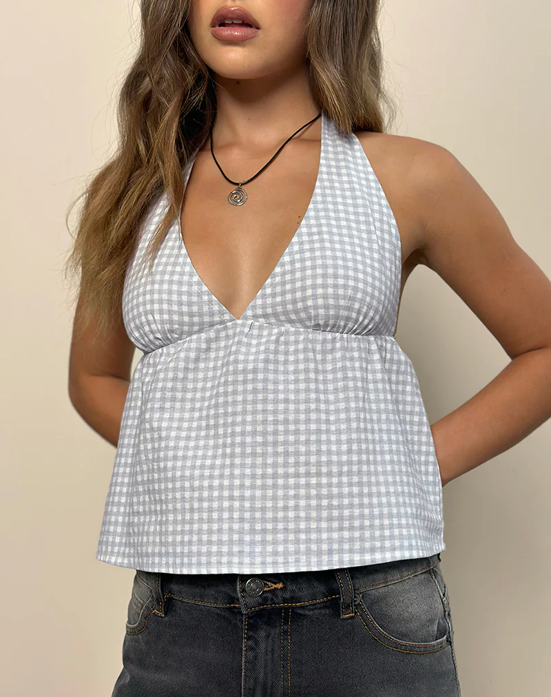 Eldana Halter Top in Mini Gingham Blue and Grey - Image 2