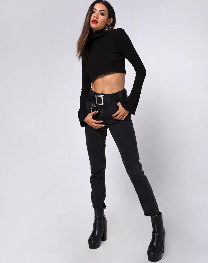 Elena Crop Top in Rib Knit Black - Image 3