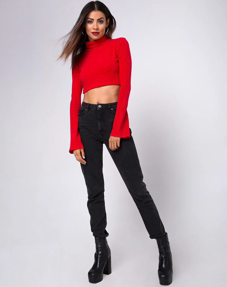 Elena Crop Top in Rib Knit Red - Image 3