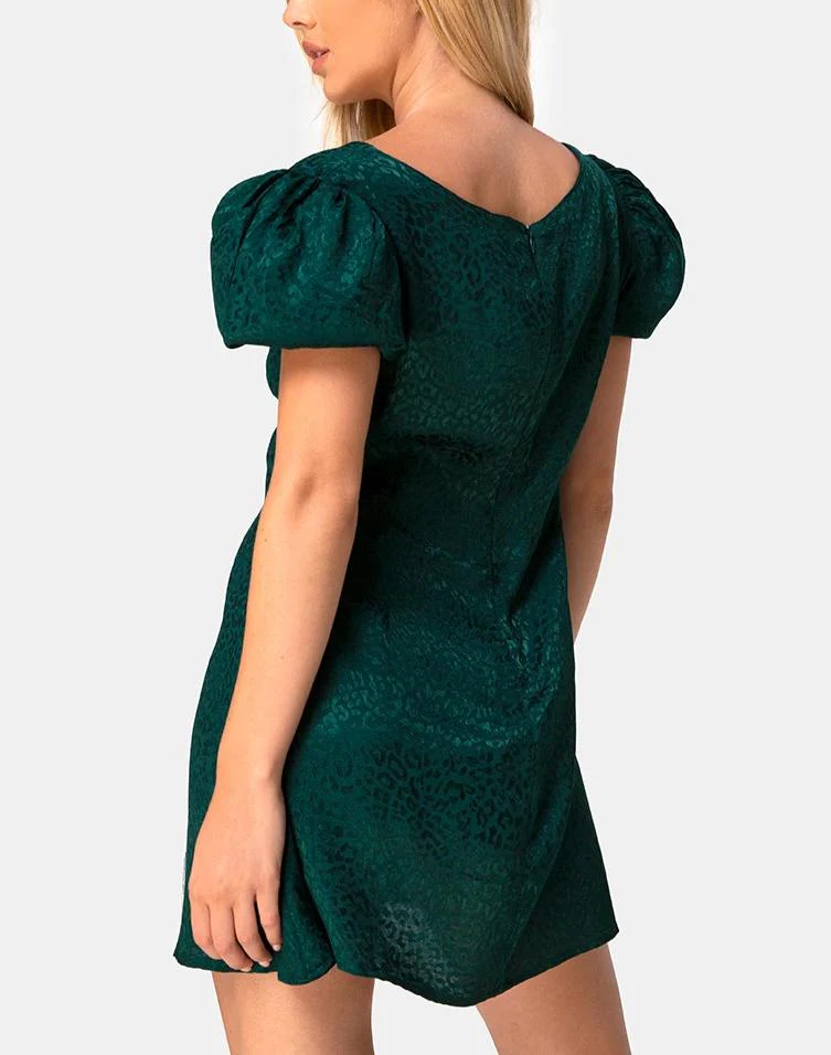 Elfy Mini Dress in Satin Cheetah Forest Green - Image 2