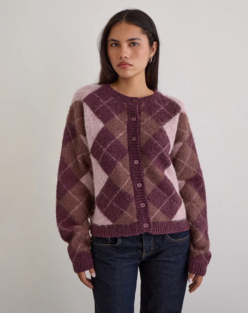 Eliana Cardigan in Knit Argyle Pink - Image 4