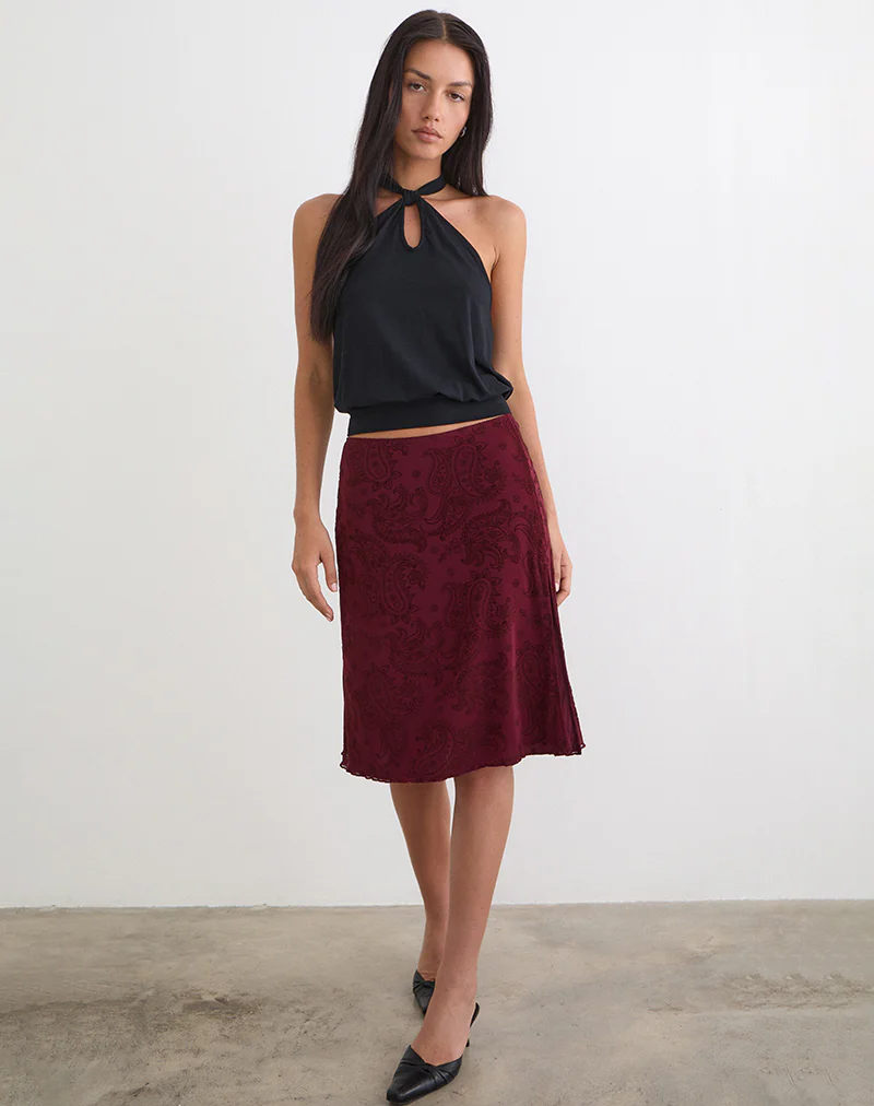 Elif Midi Skirt in Flock Compact Paisley Wine - Image 2