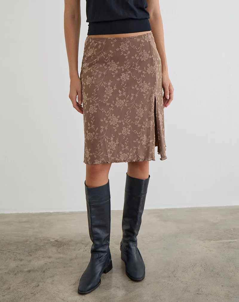 Elif Midi Skirt in Leafy Flock Dark Taupe - Image 2