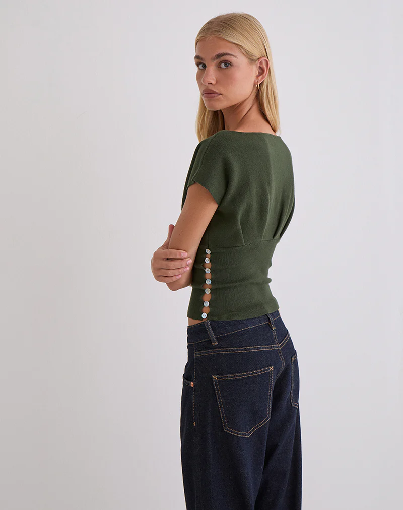 Elin Top in Knit Khaki with Pearl Buttons - Image 4