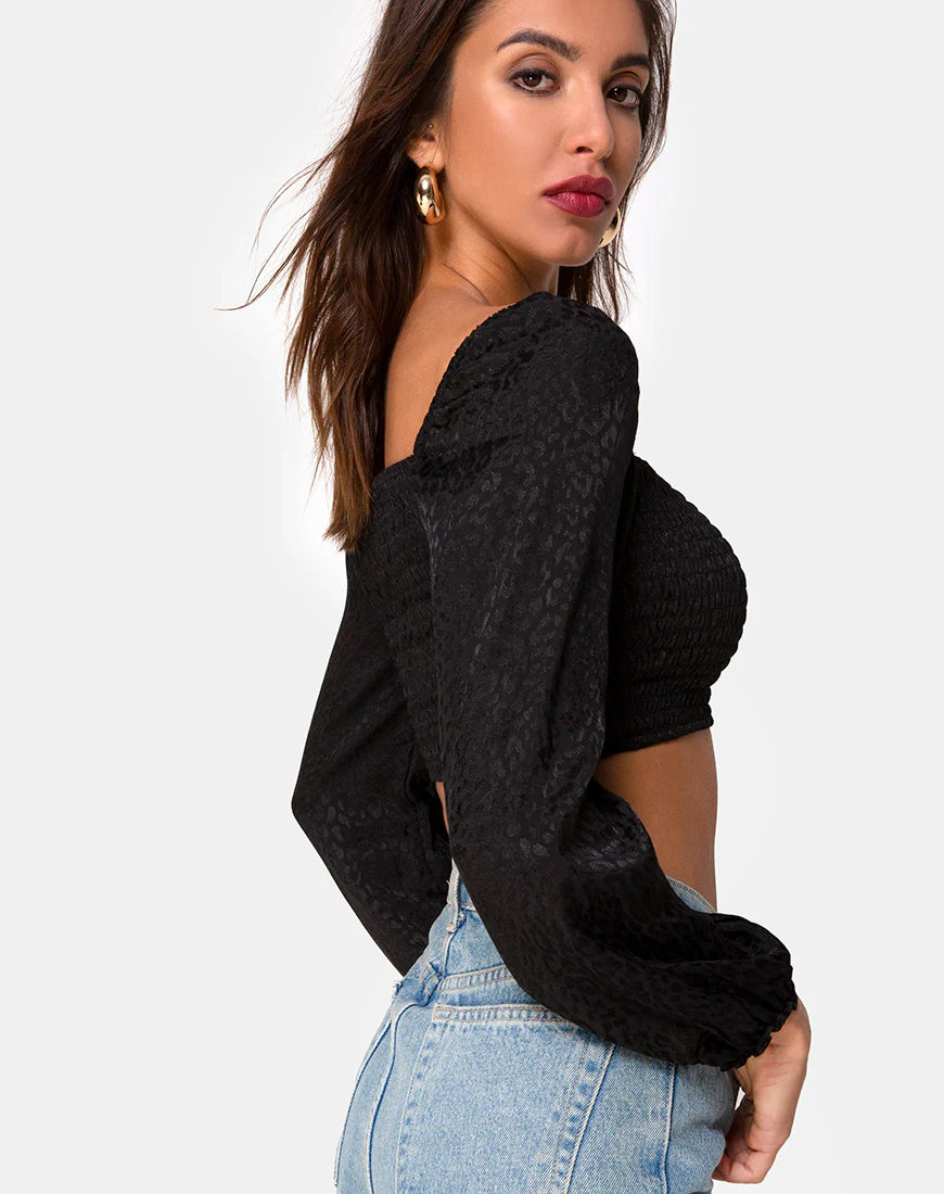 Elina Top in Black Satin Cheetah - Image 2