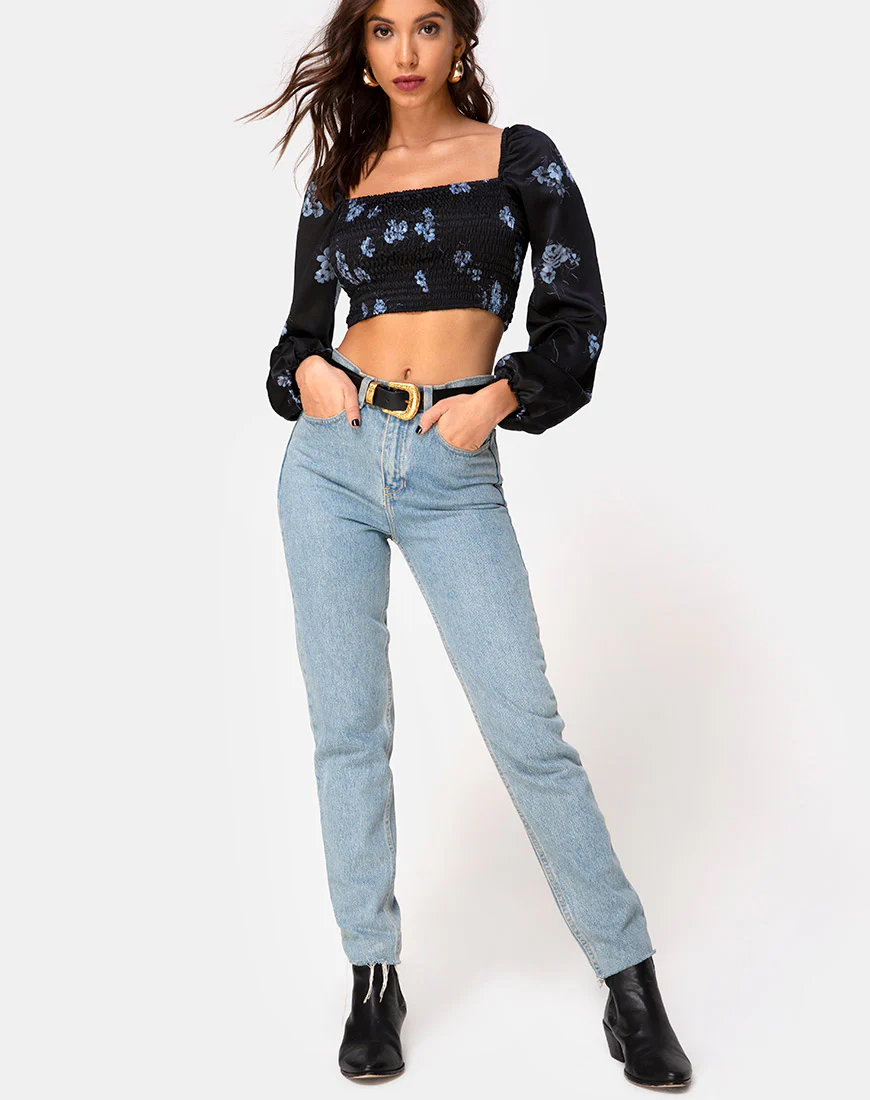 Elina Top in Satin Black Mono Flower - Image 3