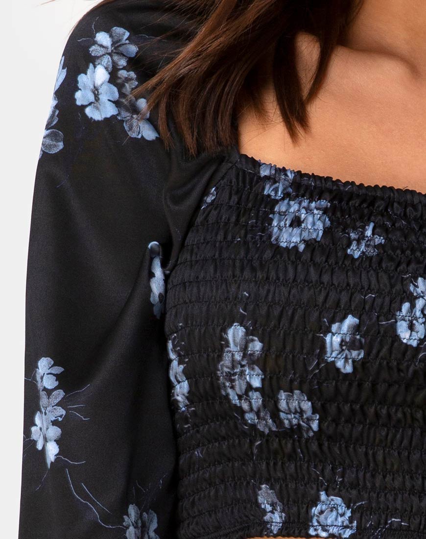 Elina Top in Satin Black Mono Flower - Image 5