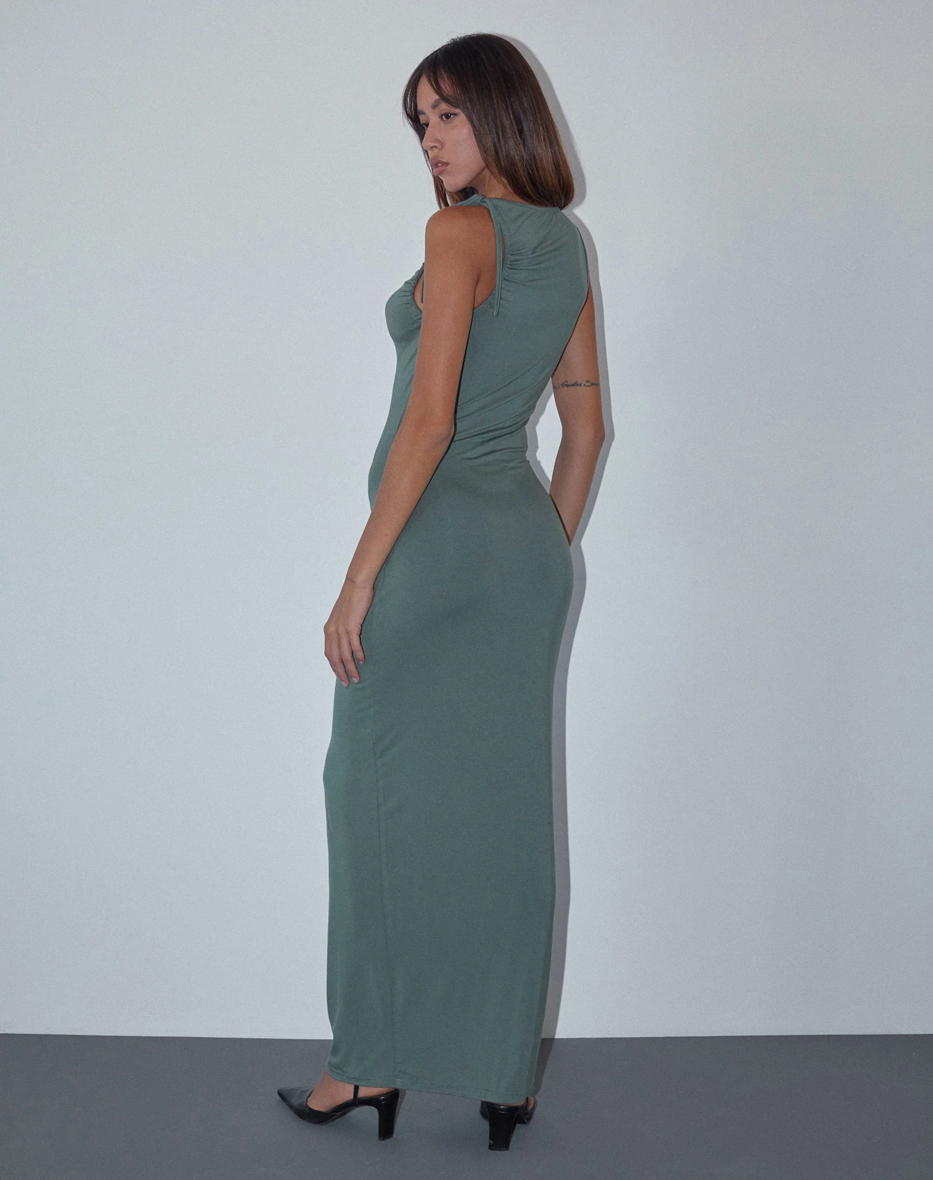 Elinor Maxi Dress in Slinky Olive - Image 2