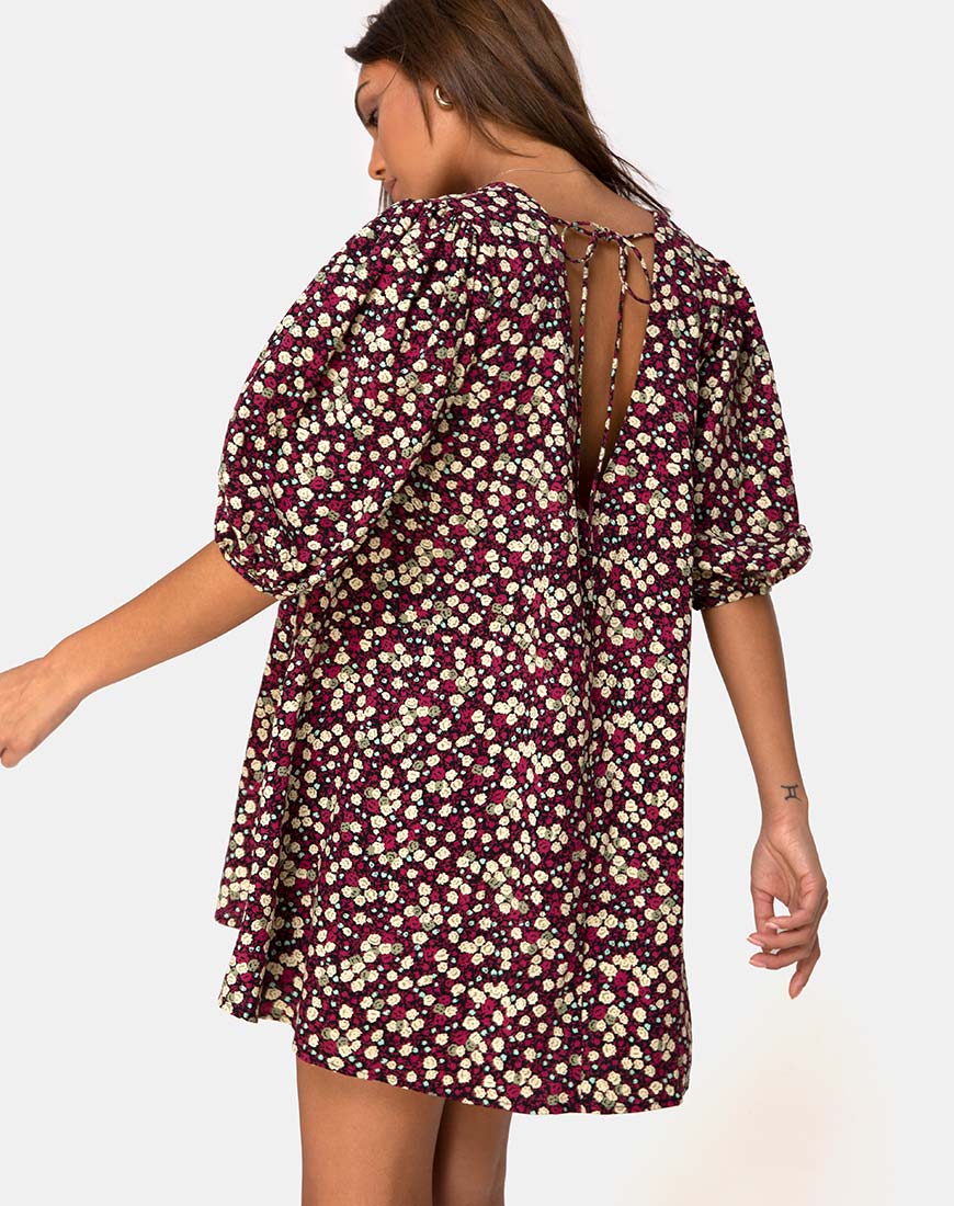Elna Babydoll Dress in Floral Field Plum - Image 2