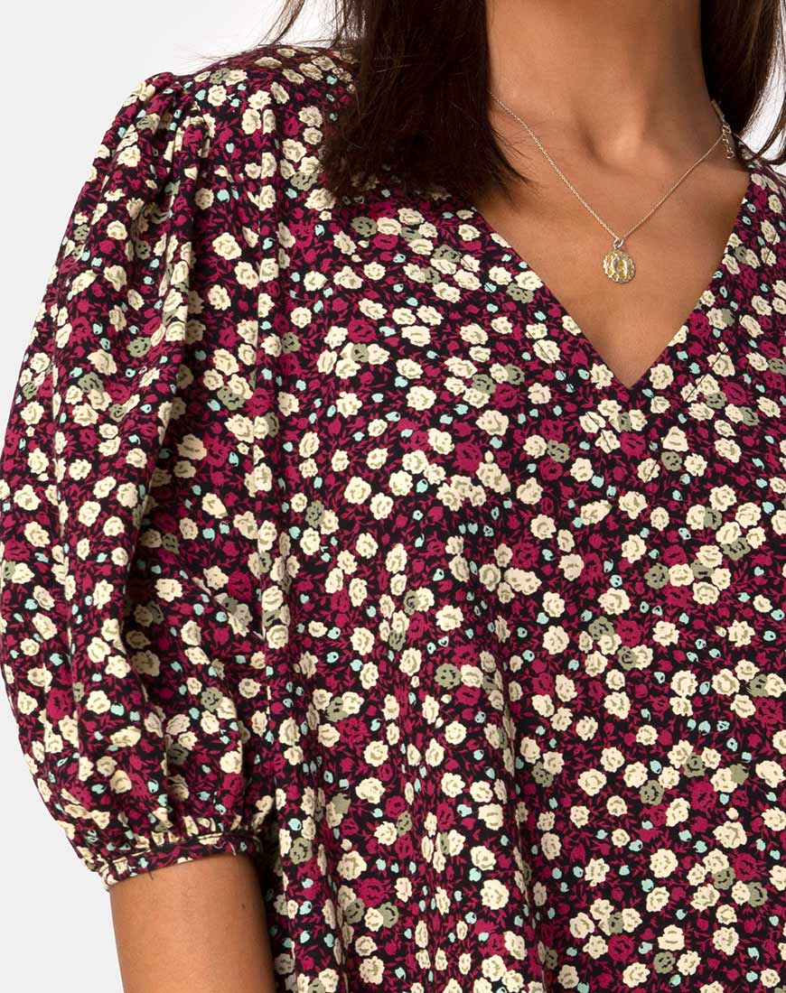 Elna Babydoll Dress in Floral Field Plum - Image 5