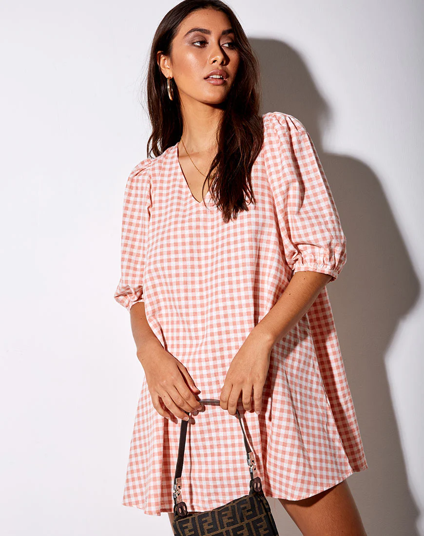 Elna Babydoll Dress in Pink Check - Image 3