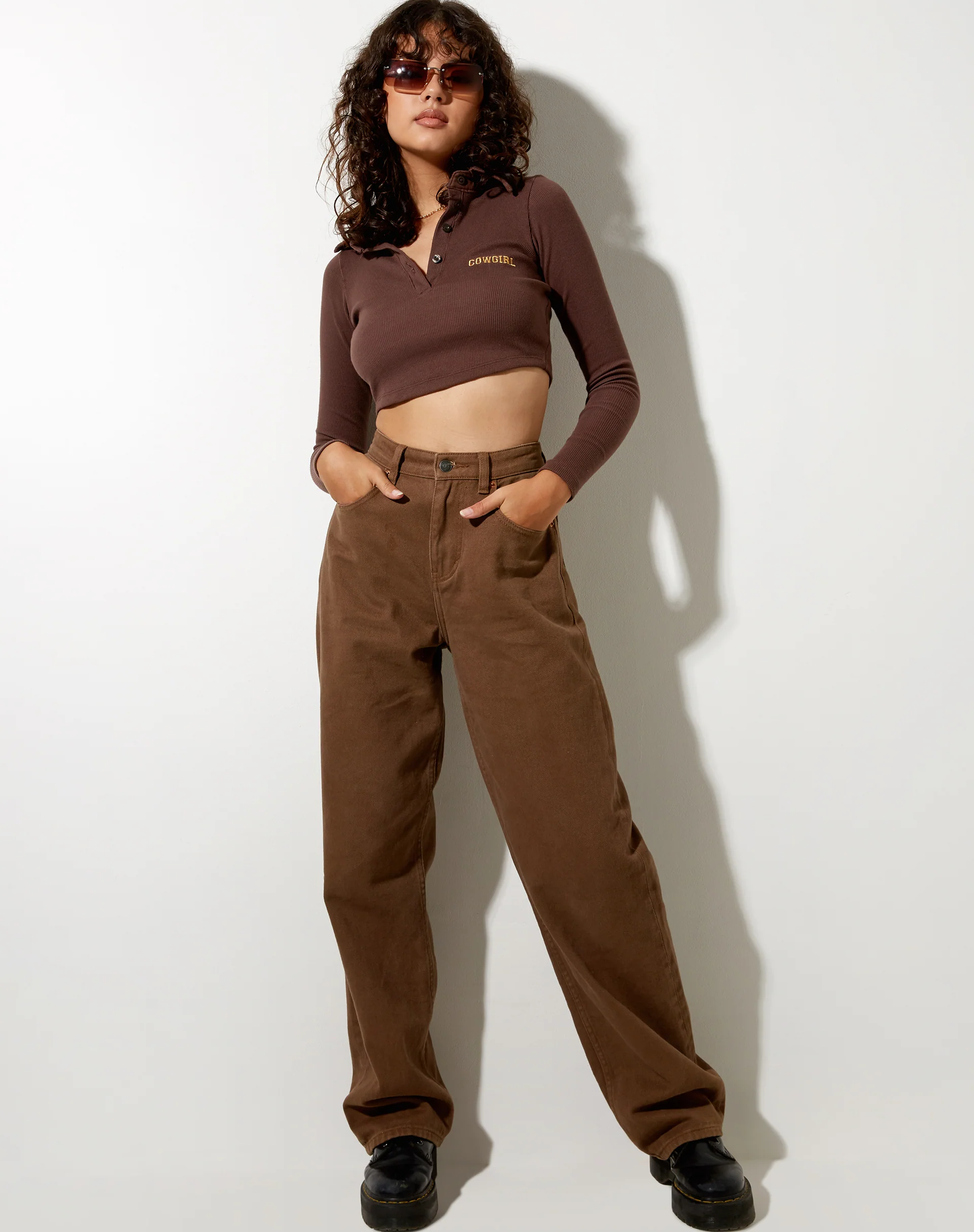 Elody Crop Top in Rib Deep Mahogany Cowgirl Embro - Image 3