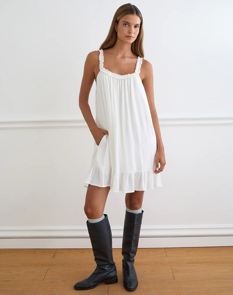 Elowen Frill Mini Dress in Crinkle Off White - Image 3