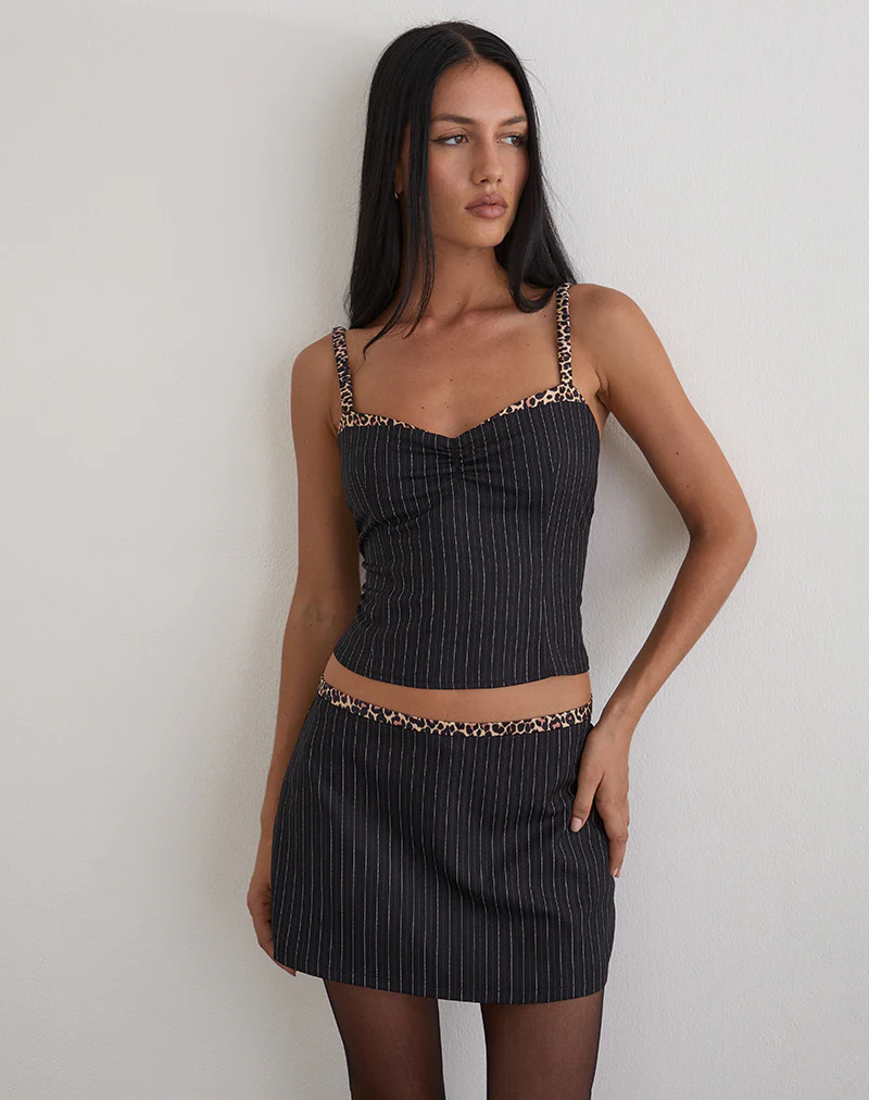 Elsa Top in Pinstripe Black with Leopard Binding - Image 2