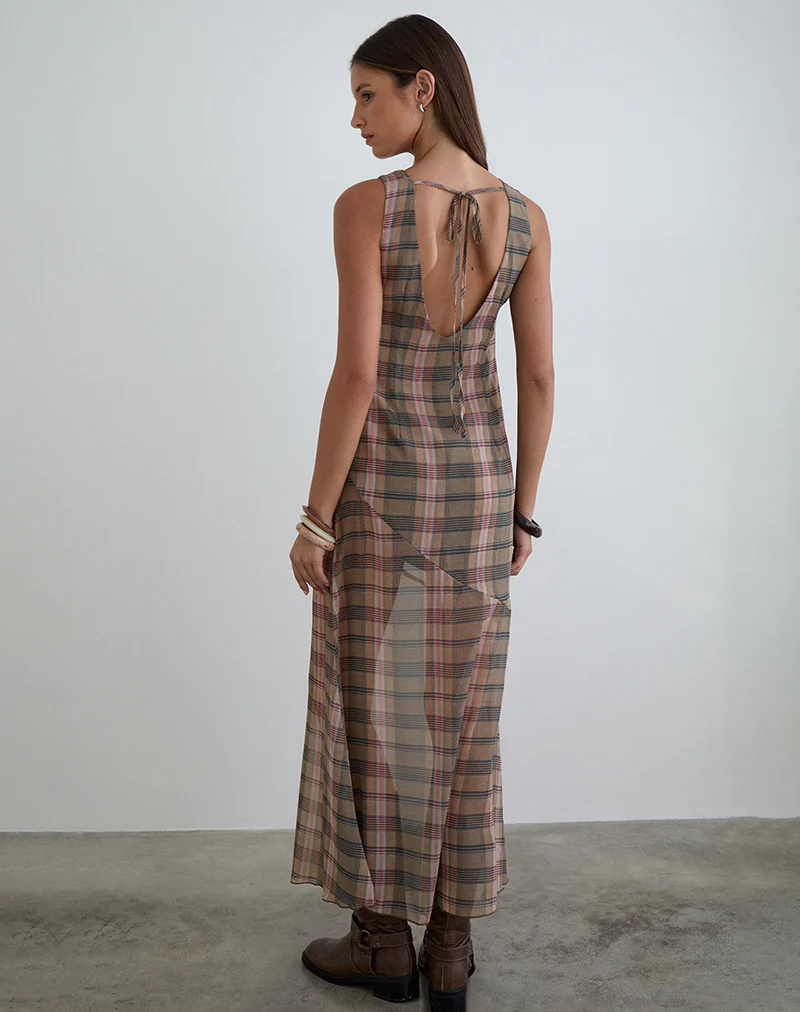Elska Maxi Dress in Brown and Pink Blurry Check - Image 2