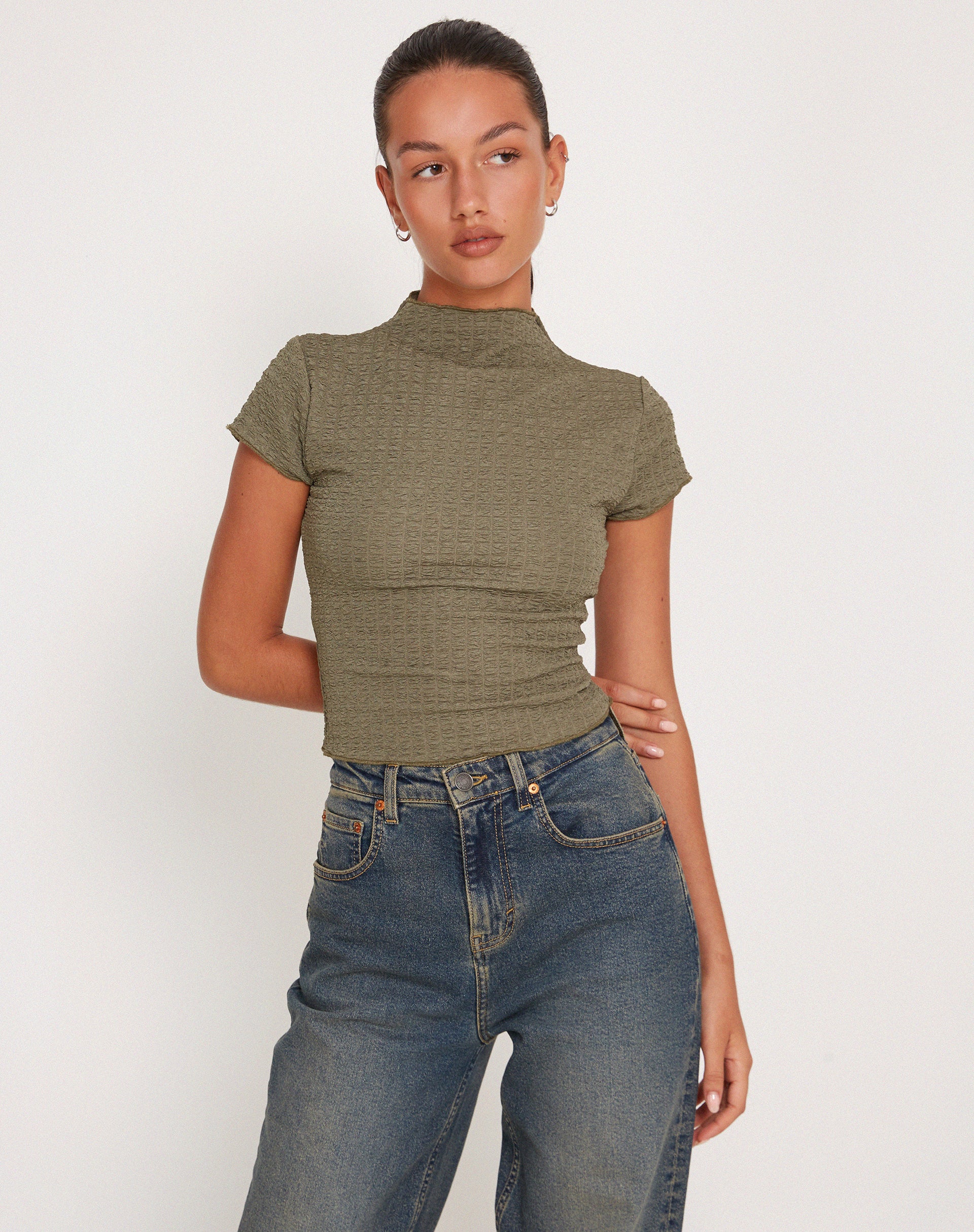 Elton High Neck Top in Khaki - Image 4