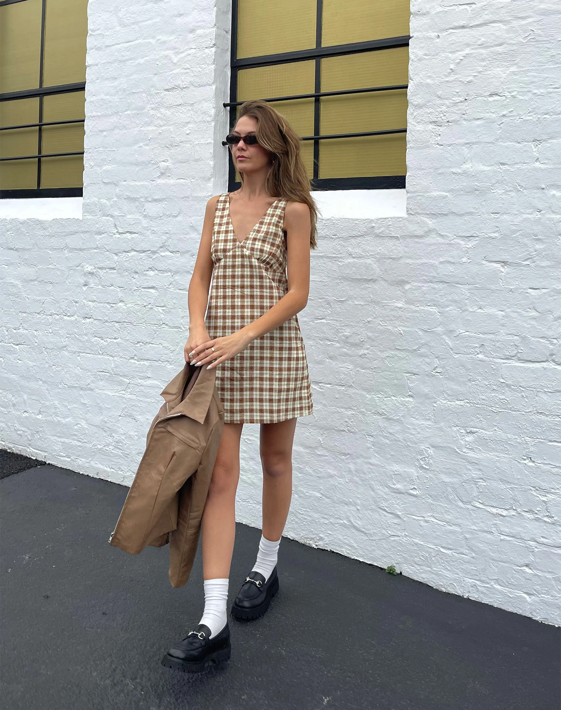 Eluned Day Dress in Yellow and Brown Check - Image 2