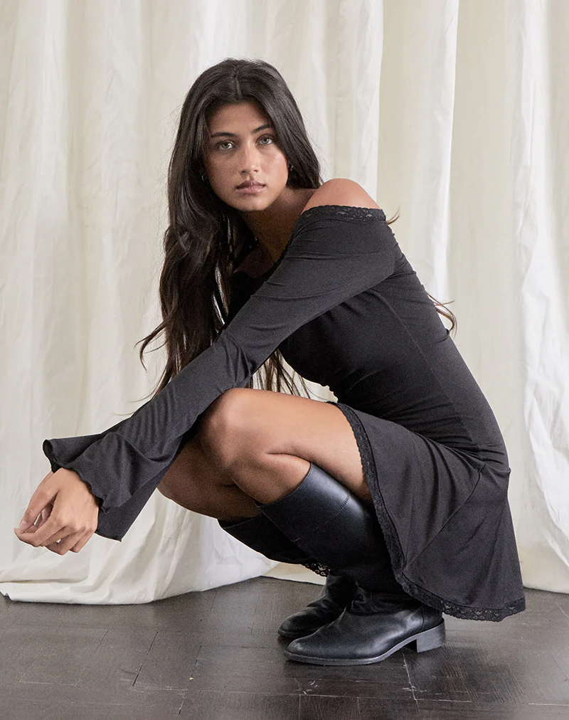 Elwyn Bardot Mini Dress in Slinky Black - Image 3