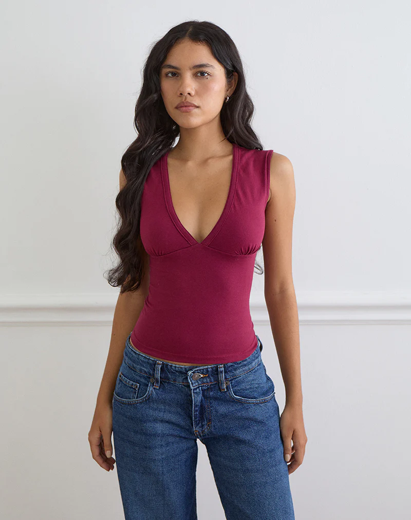 Emberly Plunge Top in Burgundy - Image 3