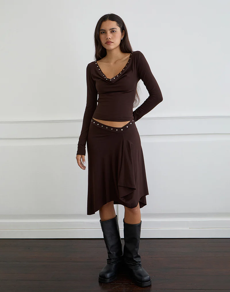 Emera Midi Skirt with Studs in Bitter Chocolate - Image 2