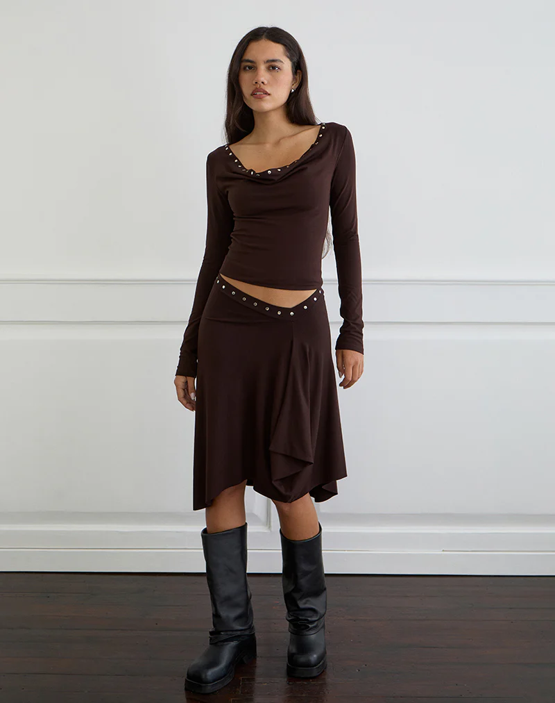 Emera Midi Skirt with Studs in Bitter Chocolate - Image 3