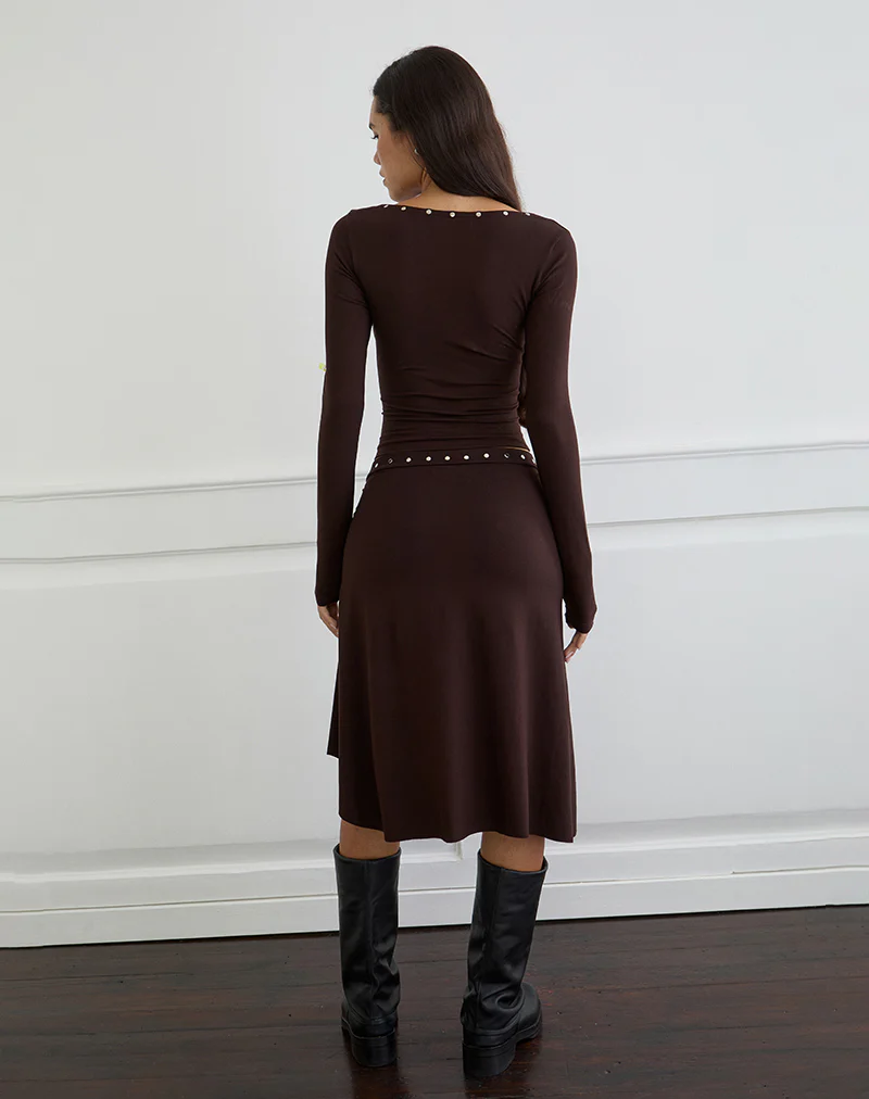 Emera Midi Skirt with Studs in Bitter Chocolate - Image 4