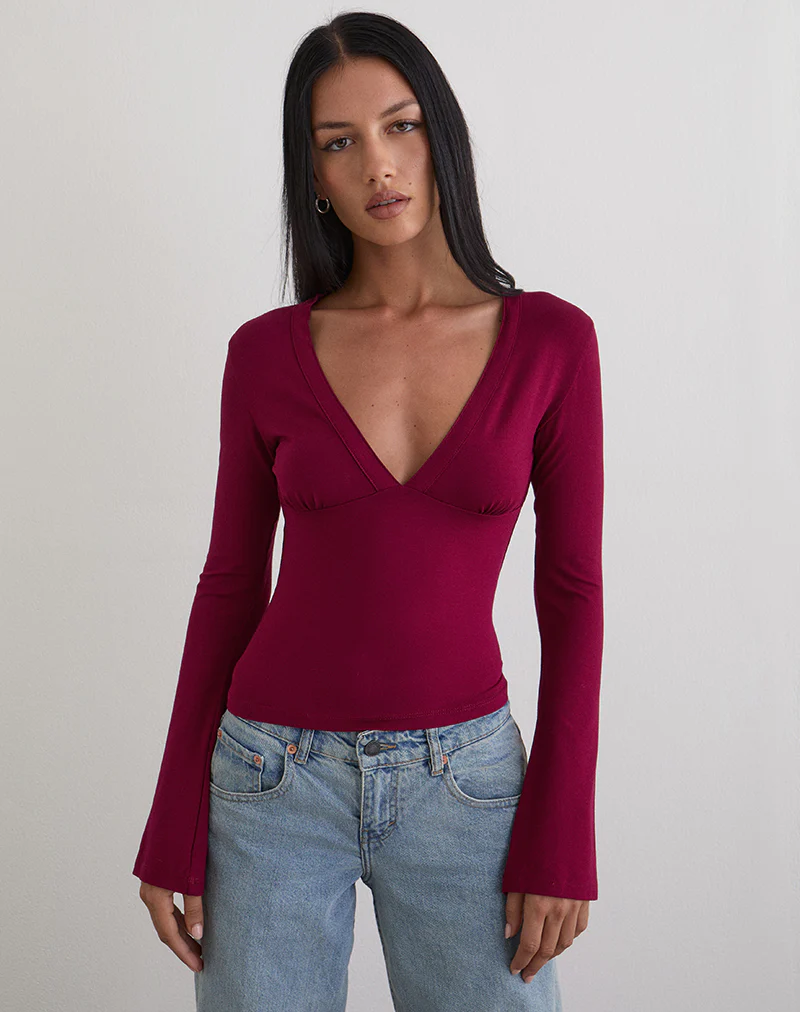 Emesy Long Sleeve Top in Burgundy - Image 3