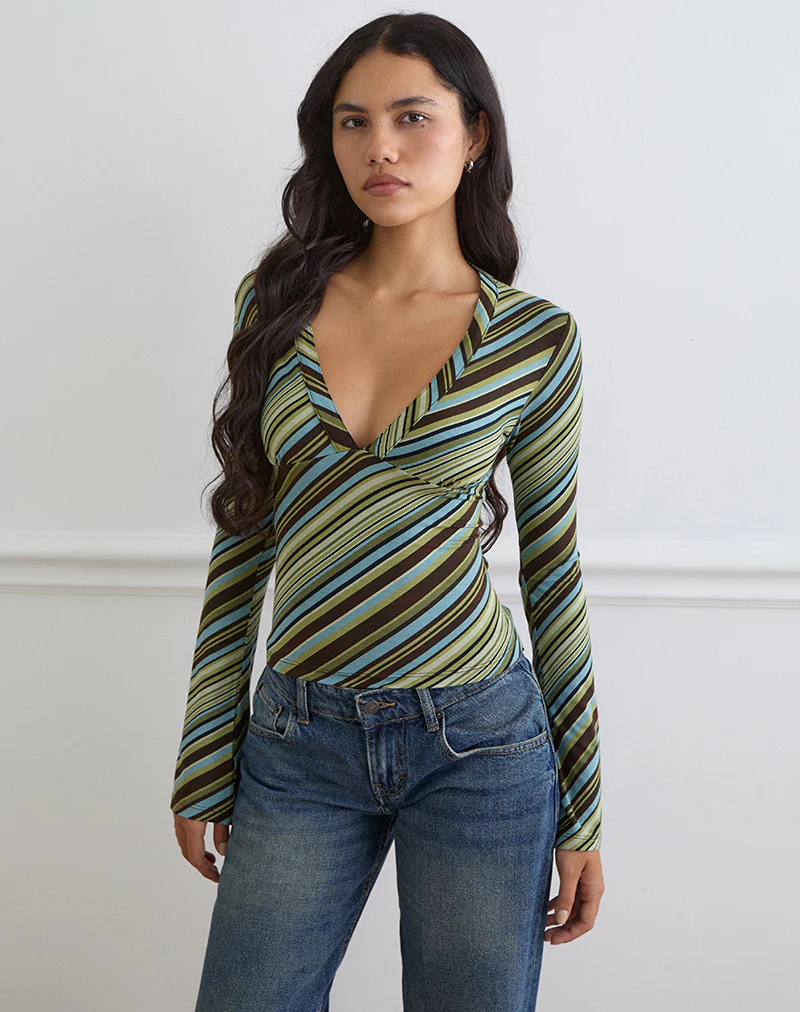 Emesy Long Sleeve Top in Mixed Stripe Green - Image 5