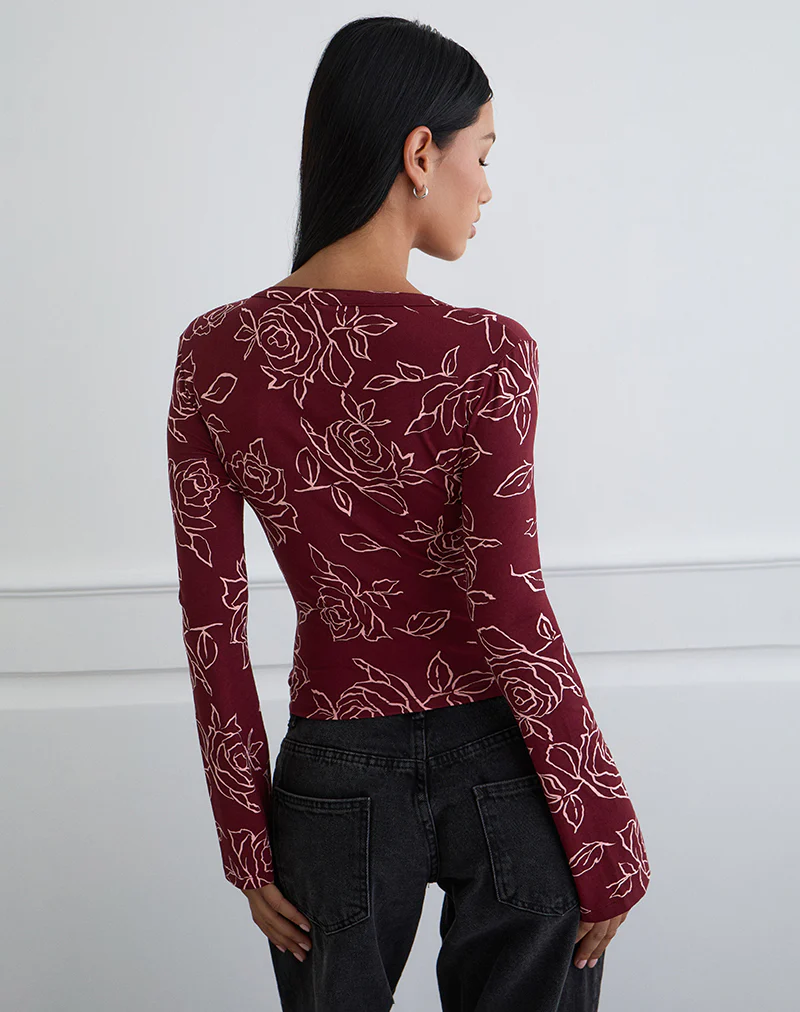 Emesy Long Sleeve Top in Outline Rose Marooon - Image 5