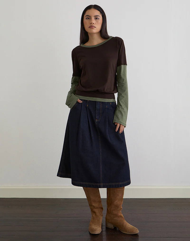 Enidy Long Sleeve Top in Jersey Chocolate and Khaki Combo - Image 3