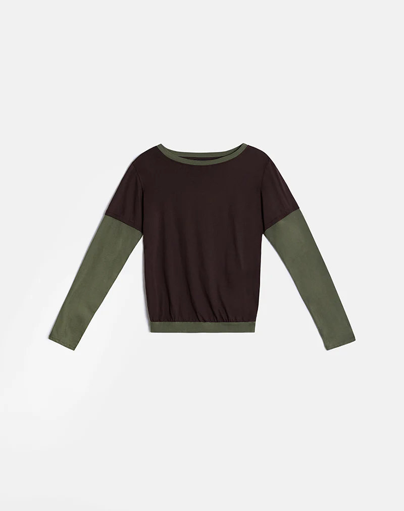 Enidy Long Sleeve Top in Jersey Chocolate and Khaki Combo - Image 5