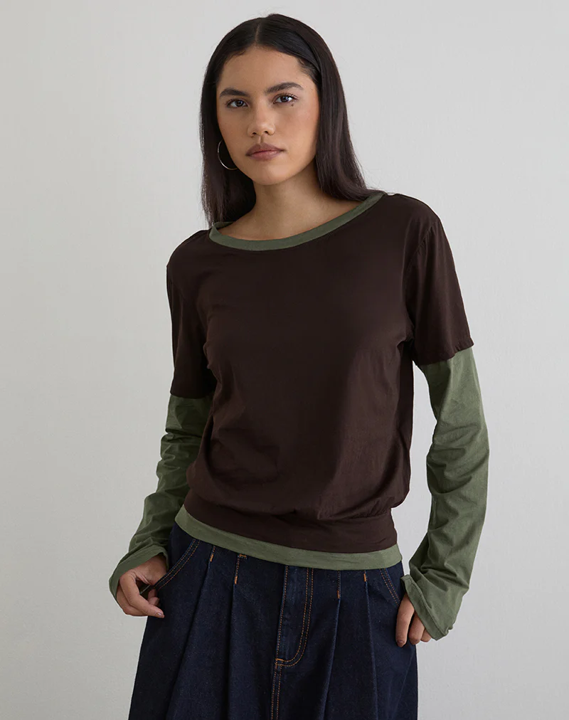 Enidy Long Sleeve Top in Jersey Chocolate and Khaki Combo - Image 6
