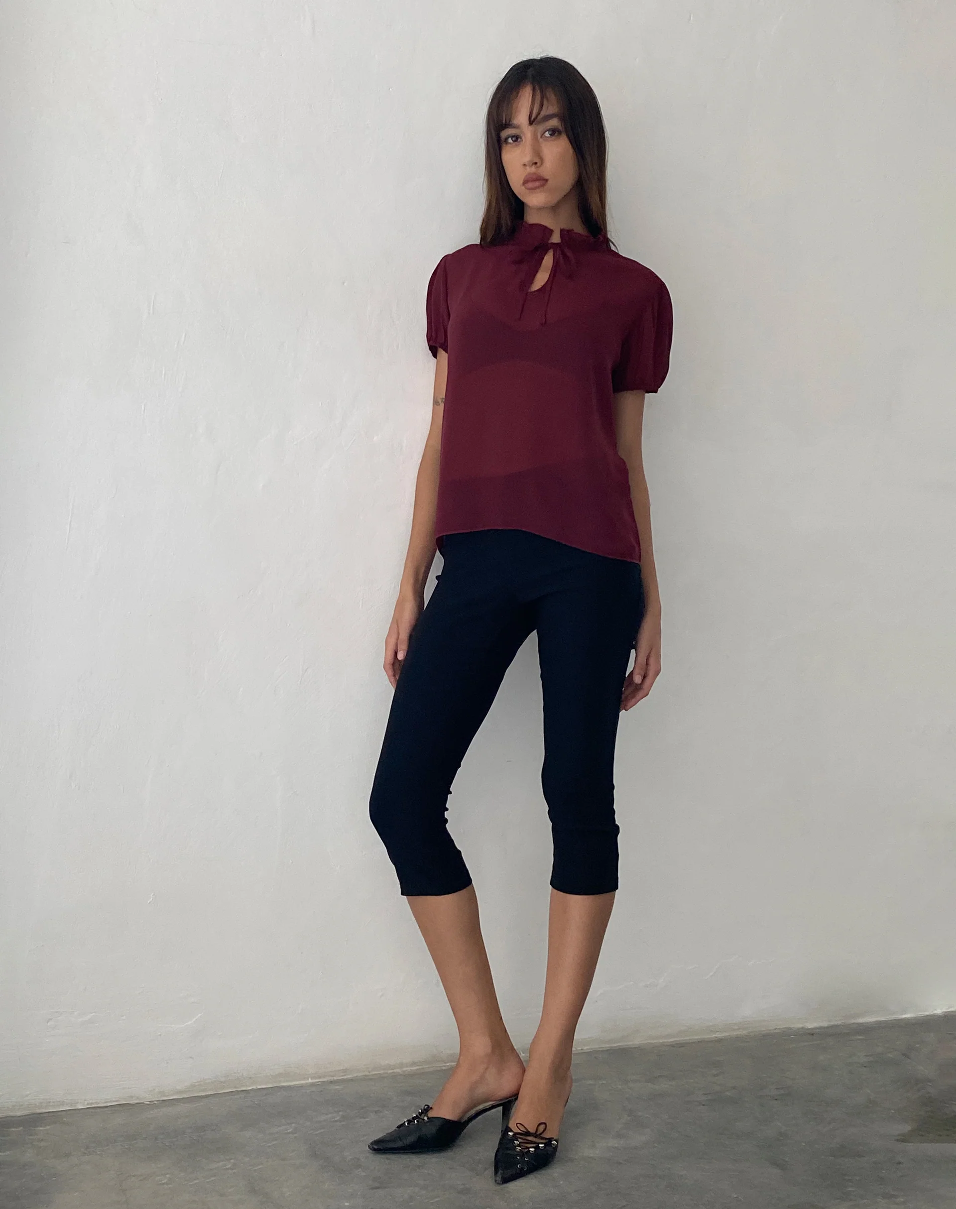 Enzo High Neck Blouse in Oxblood Chiffon - Image 4