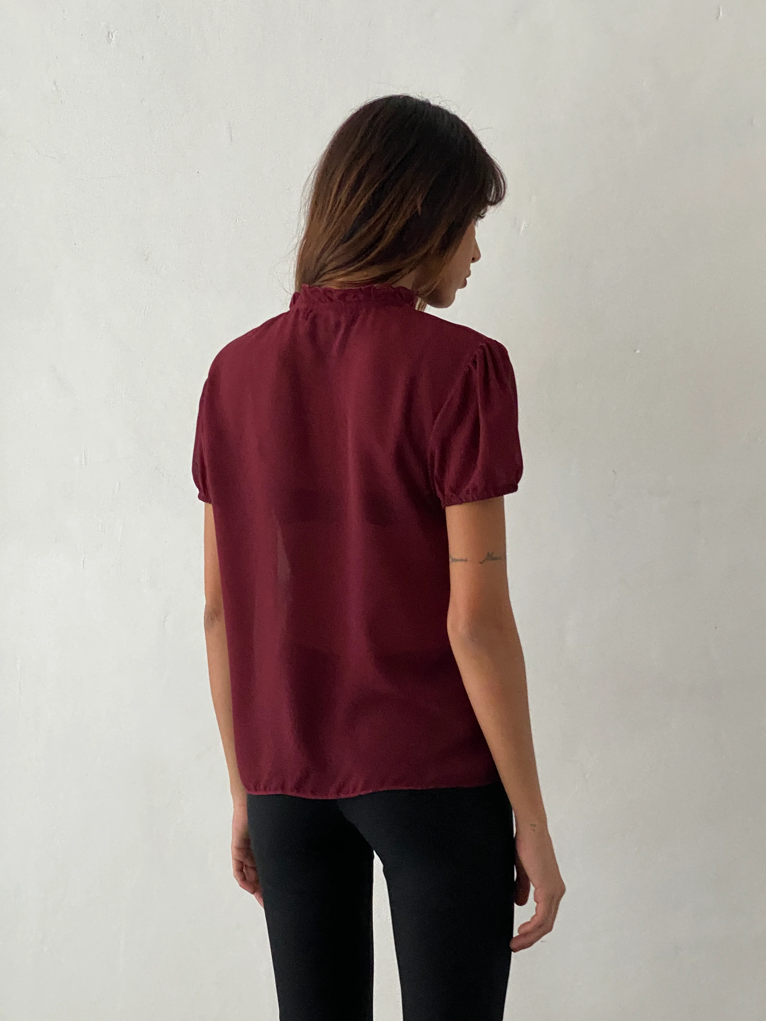 Enzo High Neck Blouse in Oxblood Chiffon - Image 5
