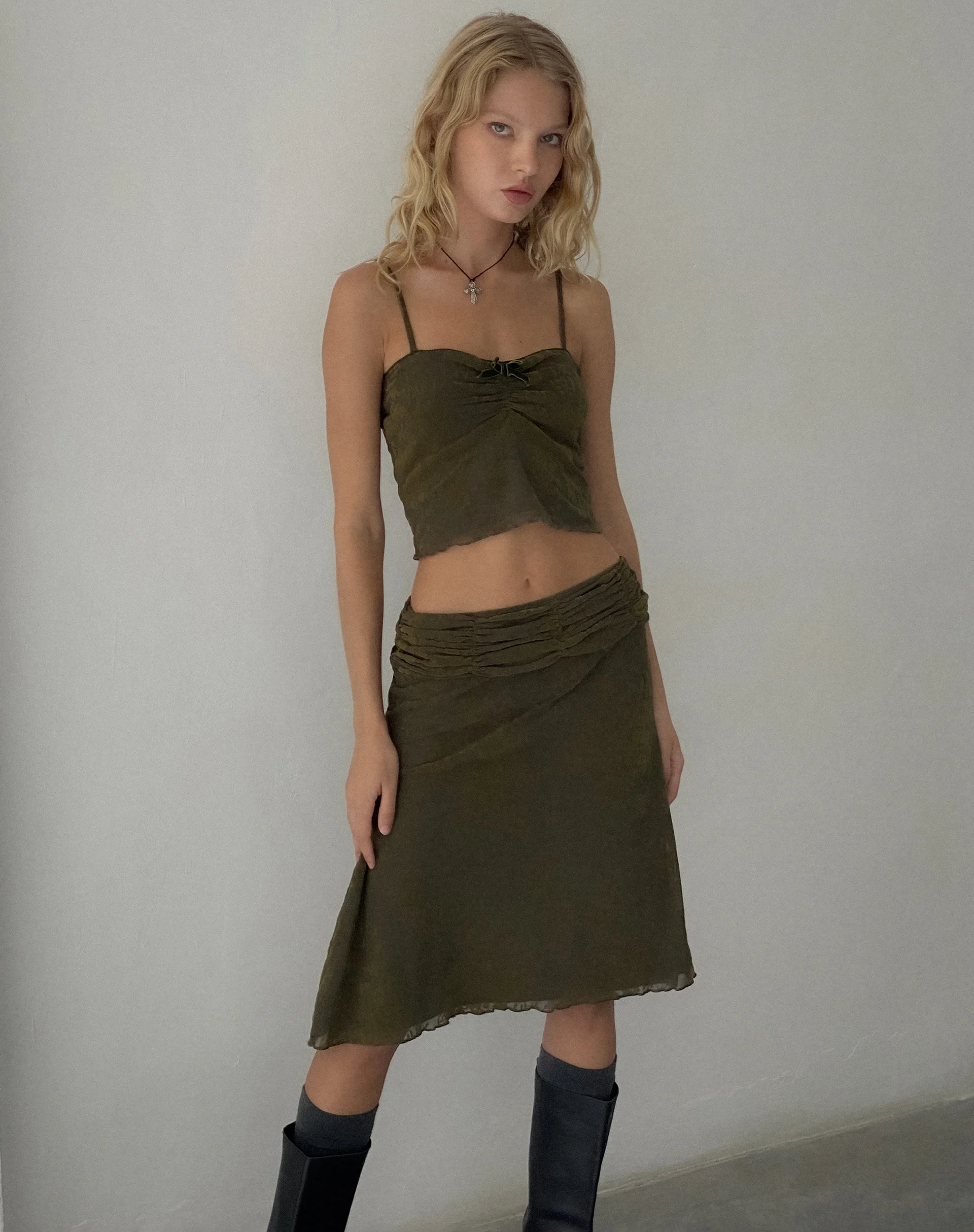 Erato Midi Skirt in Abstract Botanic Dark Olive - Image 3