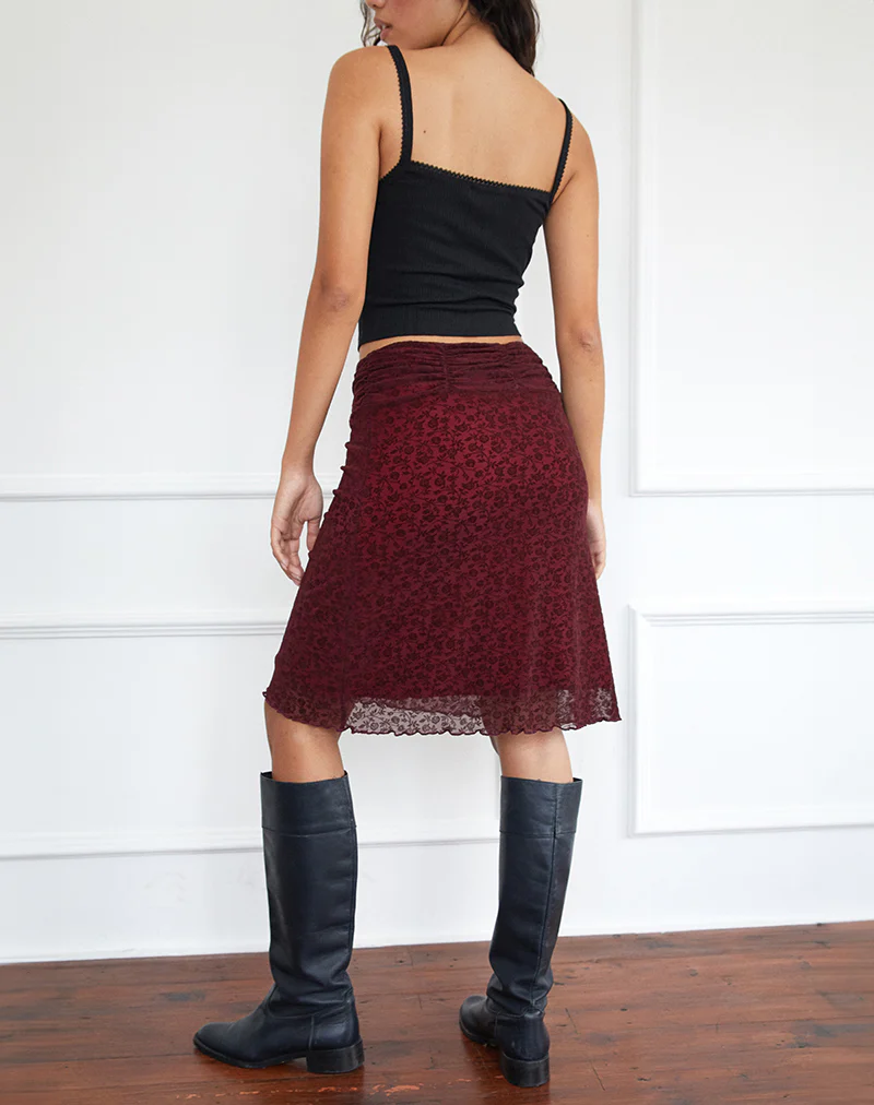 Erato Midi Skirt in Ditsy Flock Burnt Maroon - Image 2