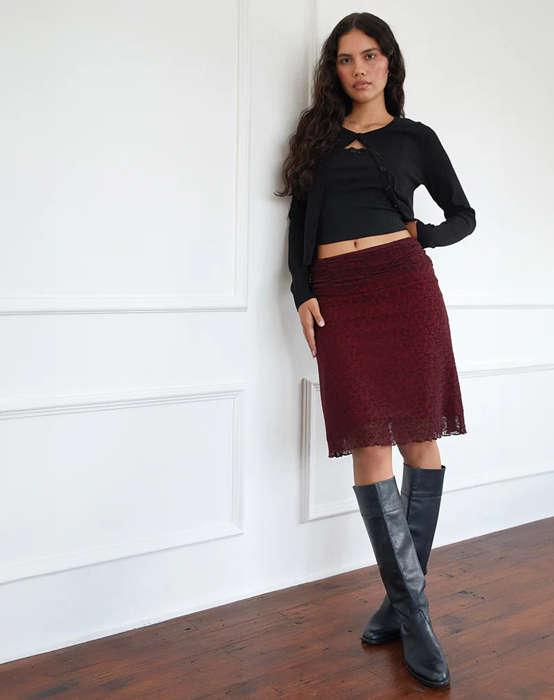 Erato Midi Skirt in Ditsy Flock Burnt Maroon - Image 4