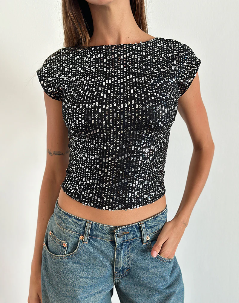 Erika Backless Top in Black Gauzy Sequin - Image 4