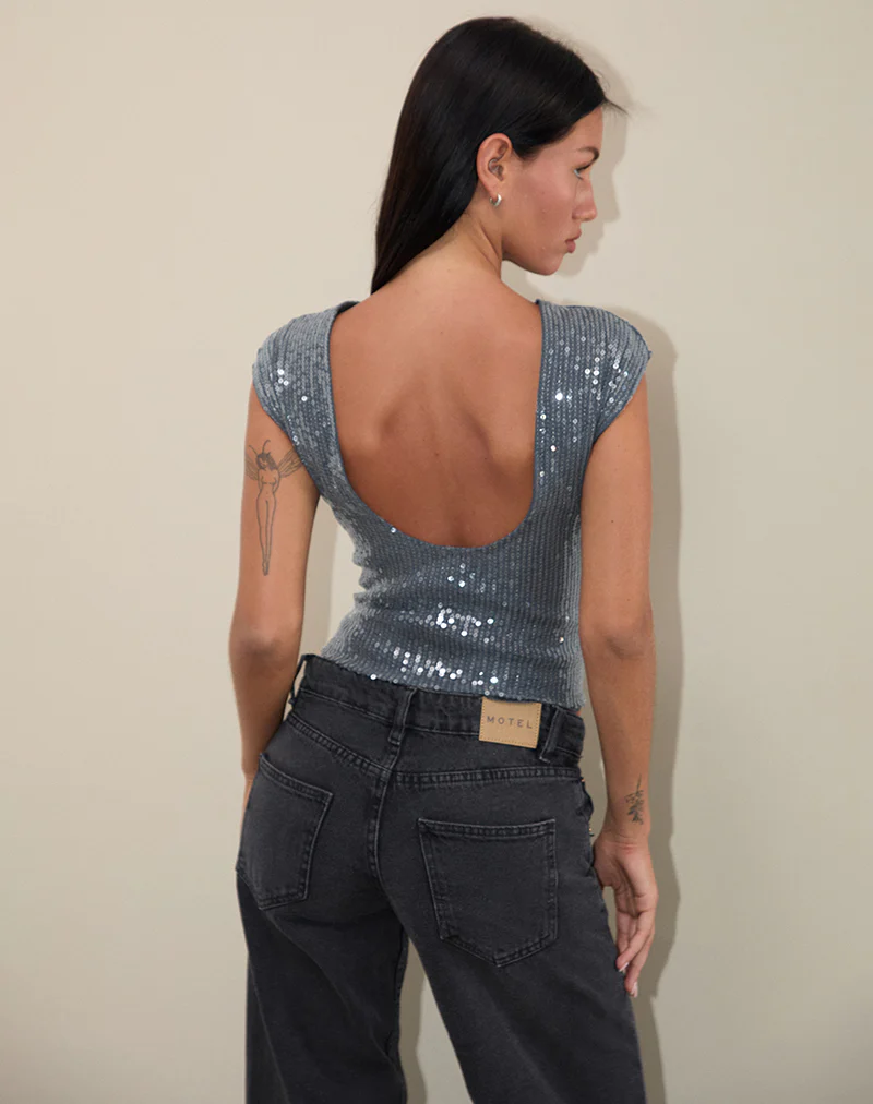 Erika Low Back Top in Shimmer Sequin Charcoal - Image 2