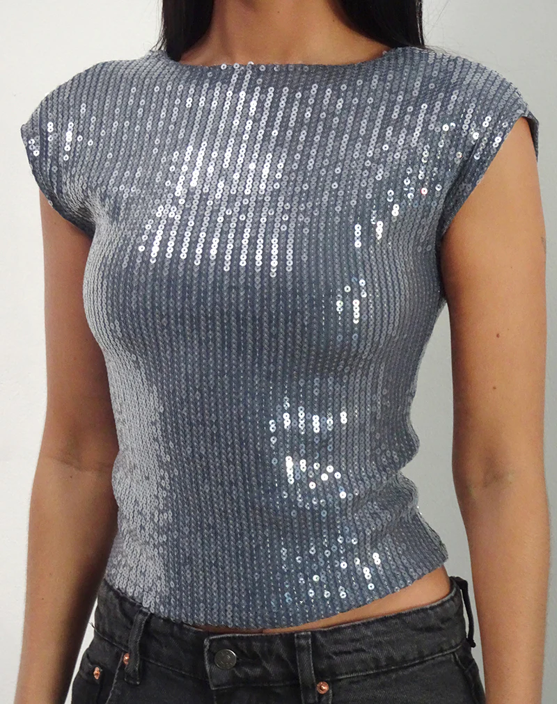 Erika Low Back Top in Shimmer Sequin Charcoal - Image 3
