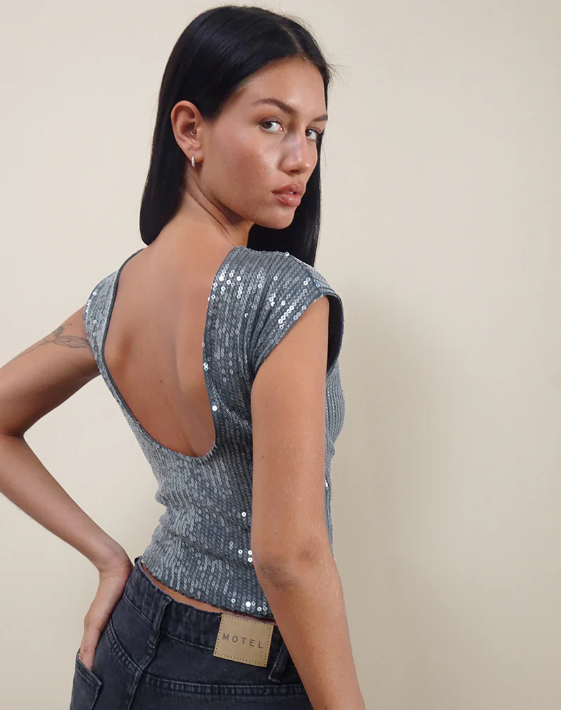 Erika Low Back Top in Shimmer Sequin Charcoal - Image 5