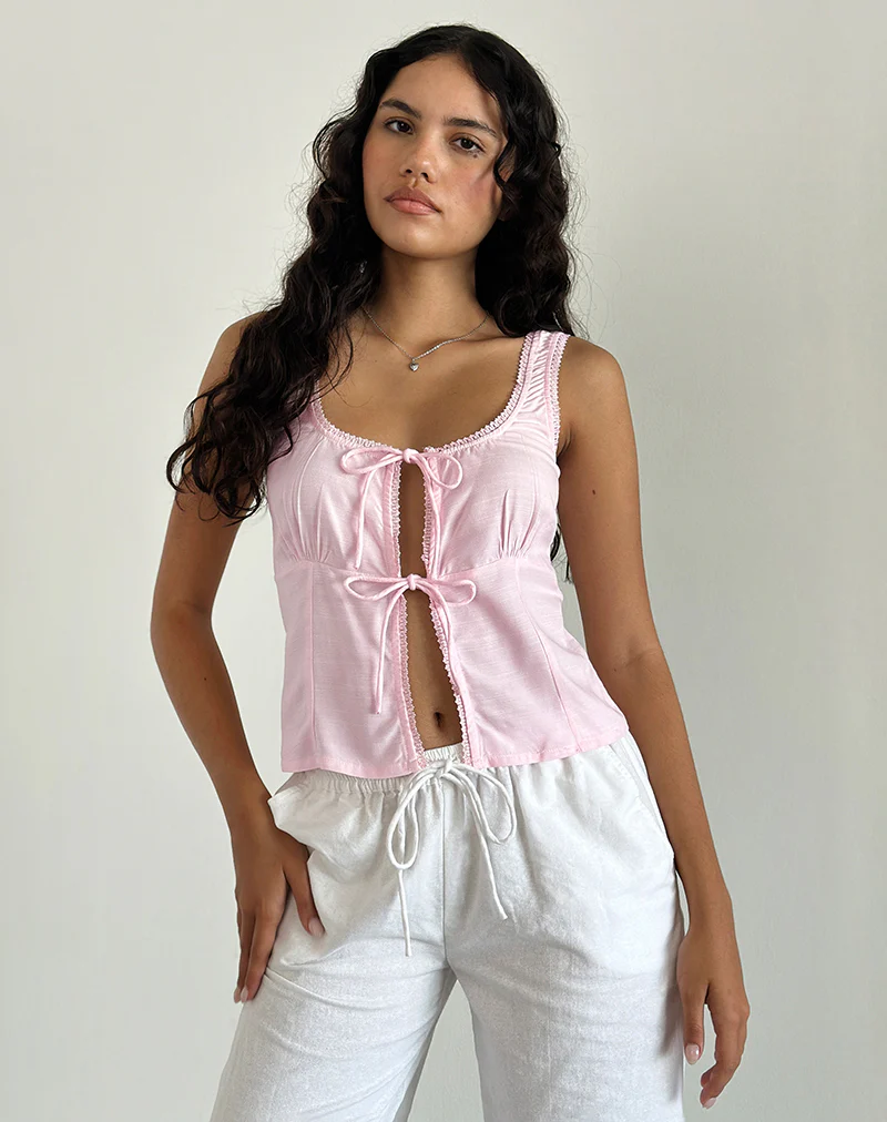 Esau Tie Front Top in Light Pink Private Slub - Image 3