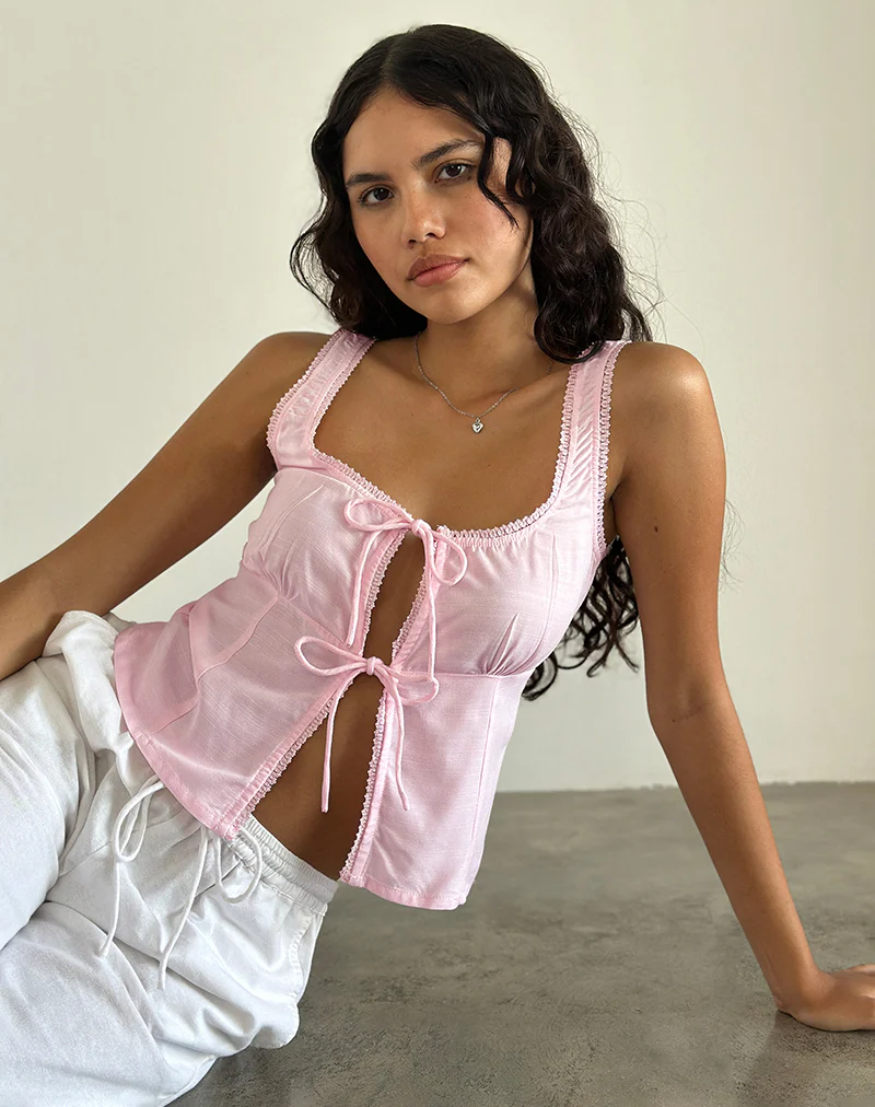 Esau Tie Front Top in Light Pink Private Slub - Image 5