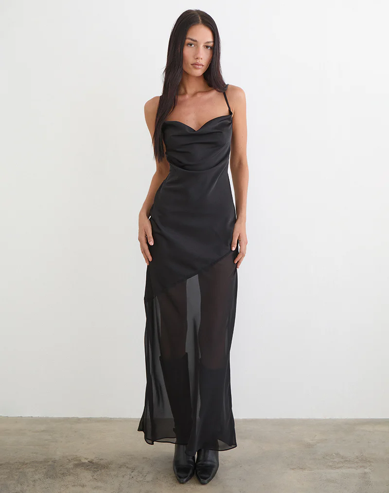 Eshara Maxi Dress in Chiffon Satin Black - Image 4