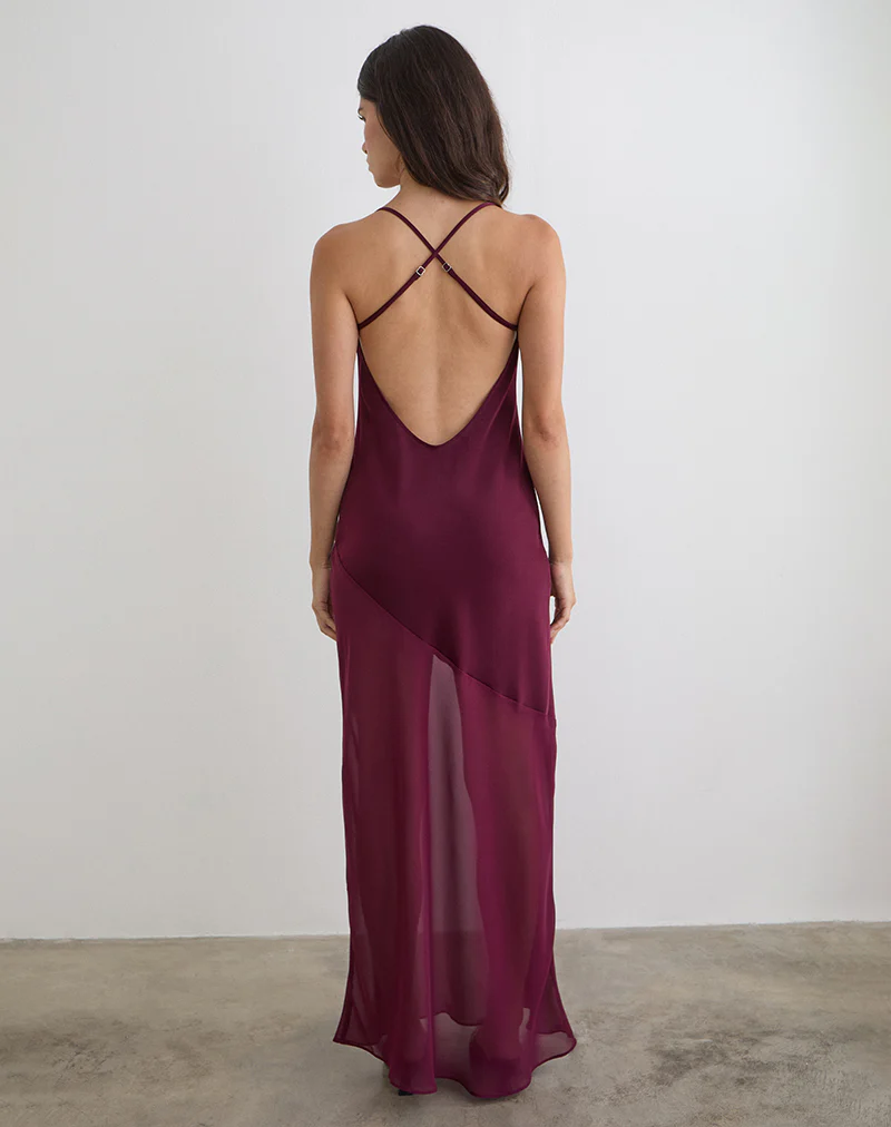 Eshara Maxi Dress in Chiffon Satin Burgundy - Image 2