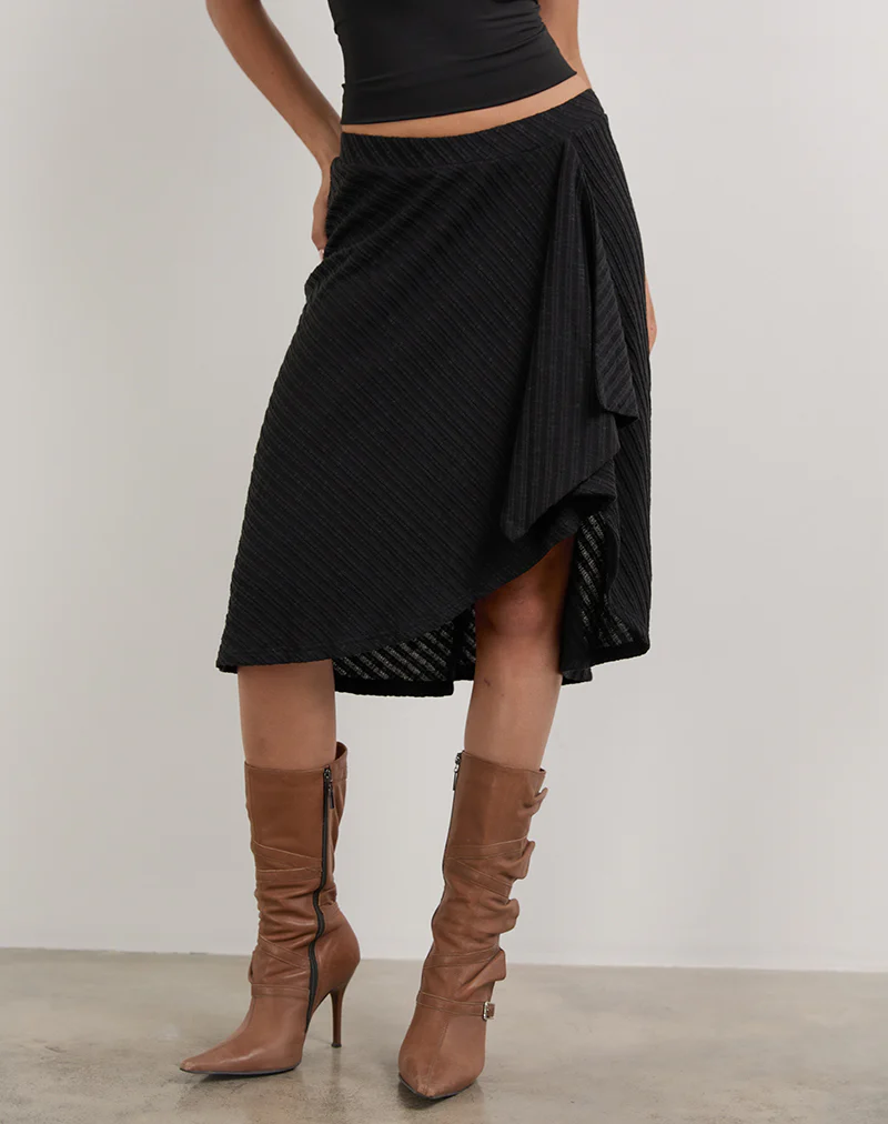 Esmeray Midi Skirt in Sheer Diagonal Knit Black - Image 3