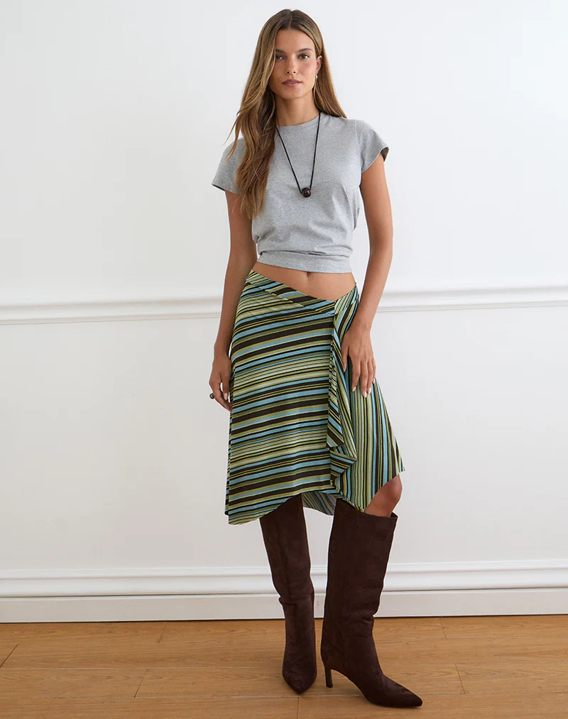 Esmeray Midi Skirt in Mixed Stripe Green - Image 3