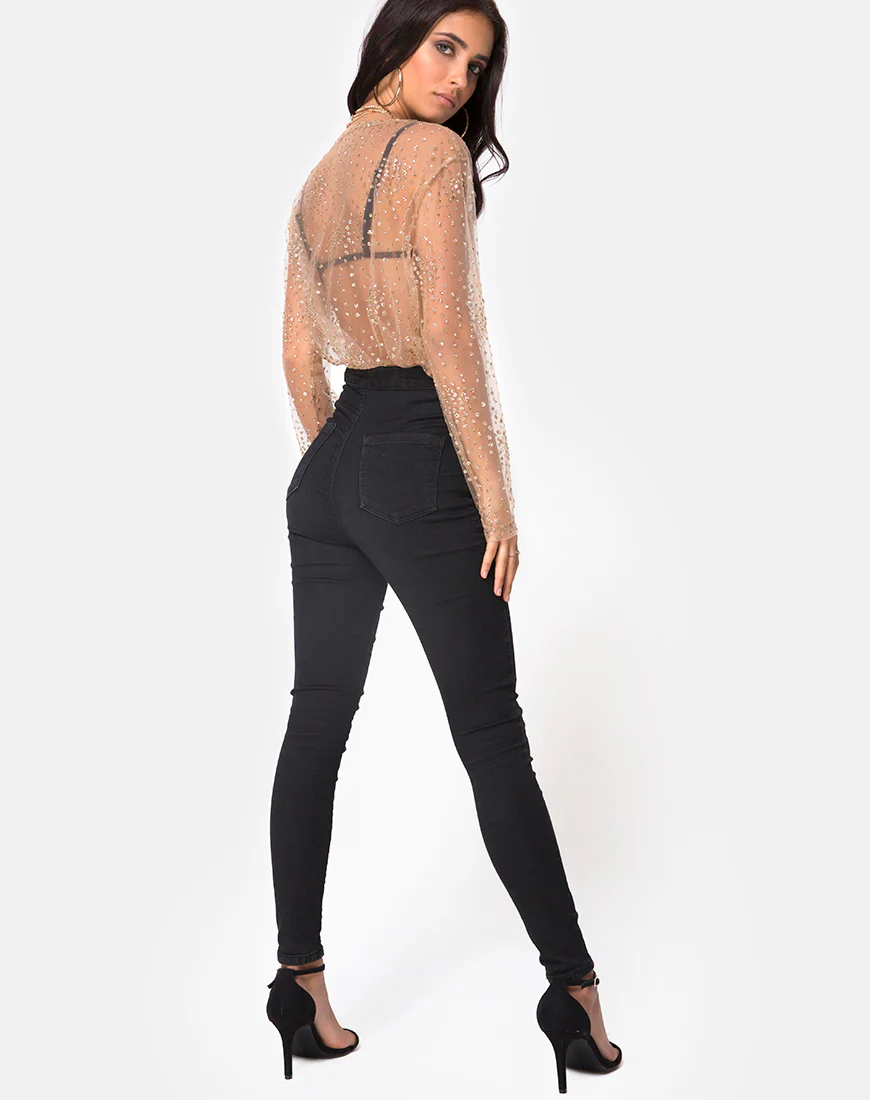 Ether Longsleeve Top in Gold Glitter on Net Tan - Image 4